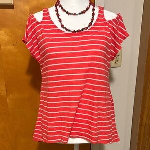 Tresics Red Striped Cold Shoulder Tee